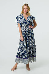 Mosaic Print Ruffle Batwing Sleeve Maxi Dress