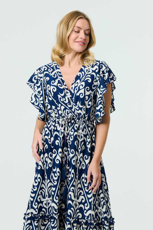 Mosaic Print Ruffle Batwing Sleeve Maxi Dress