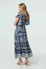 Mosaic Print Ruffle Batwing Sleeve Maxi Dress