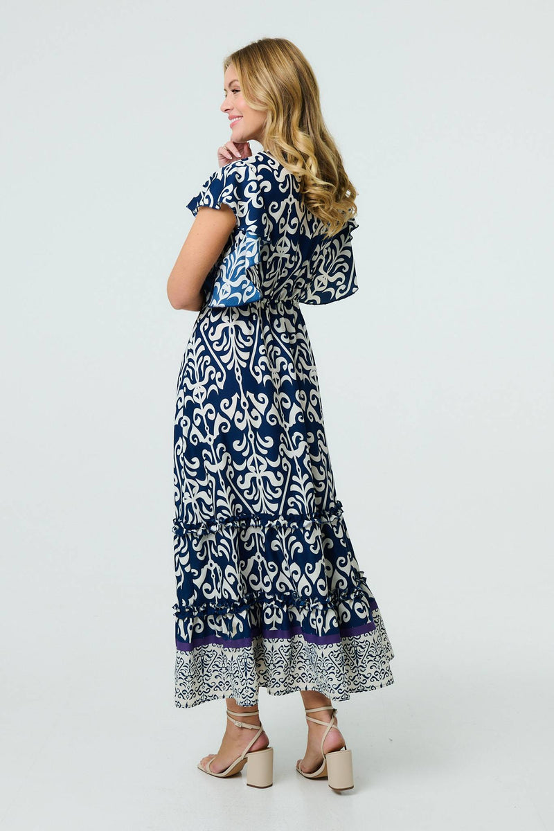 Mosaic Print Ruffle Batwing Sleeve Maxi Dress