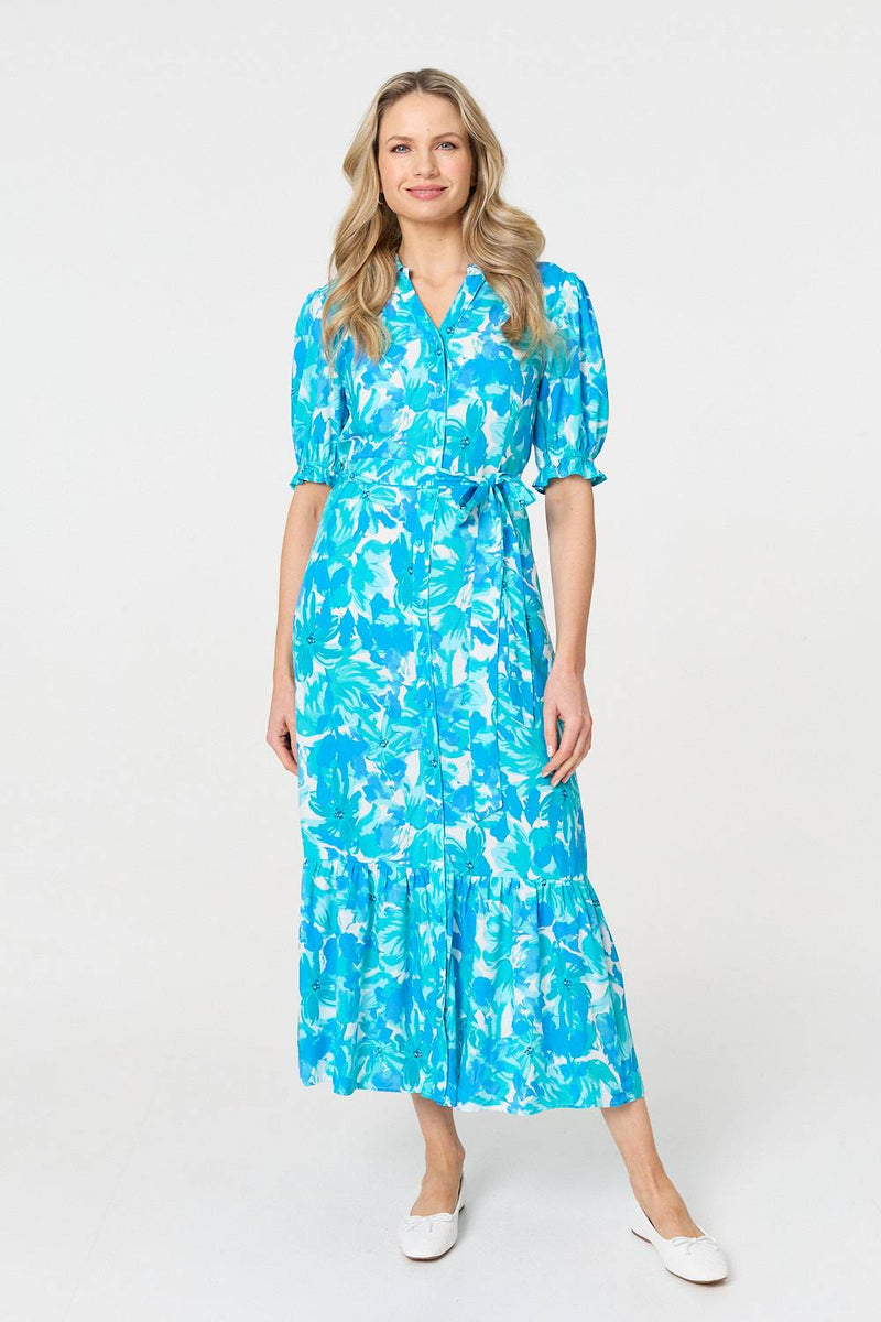 Printed 1/2 Puff Sleeve Tie Waist Maxi Dress