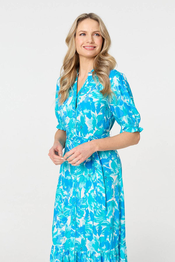 Printed 1/2 Puff Sleeve Tie Waist Maxi Dress