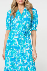 Printed 1/2 Puff Sleeve Tie Waist Maxi Dress