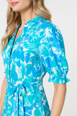 Printed 1/2 Puff Sleeve Tie Waist Maxi Dress