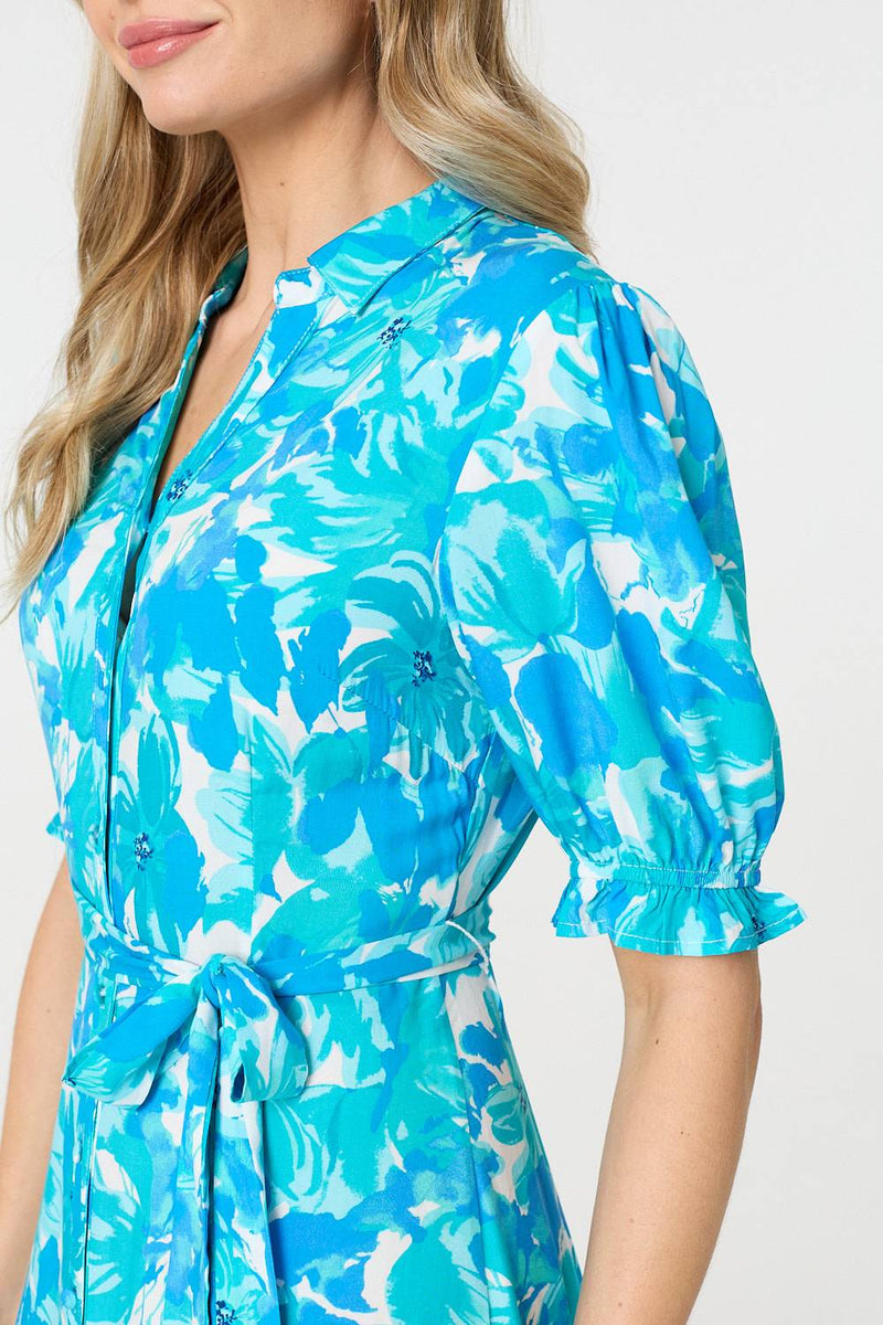 Printed 1/2 Puff Sleeve Tie Waist Maxi Dress