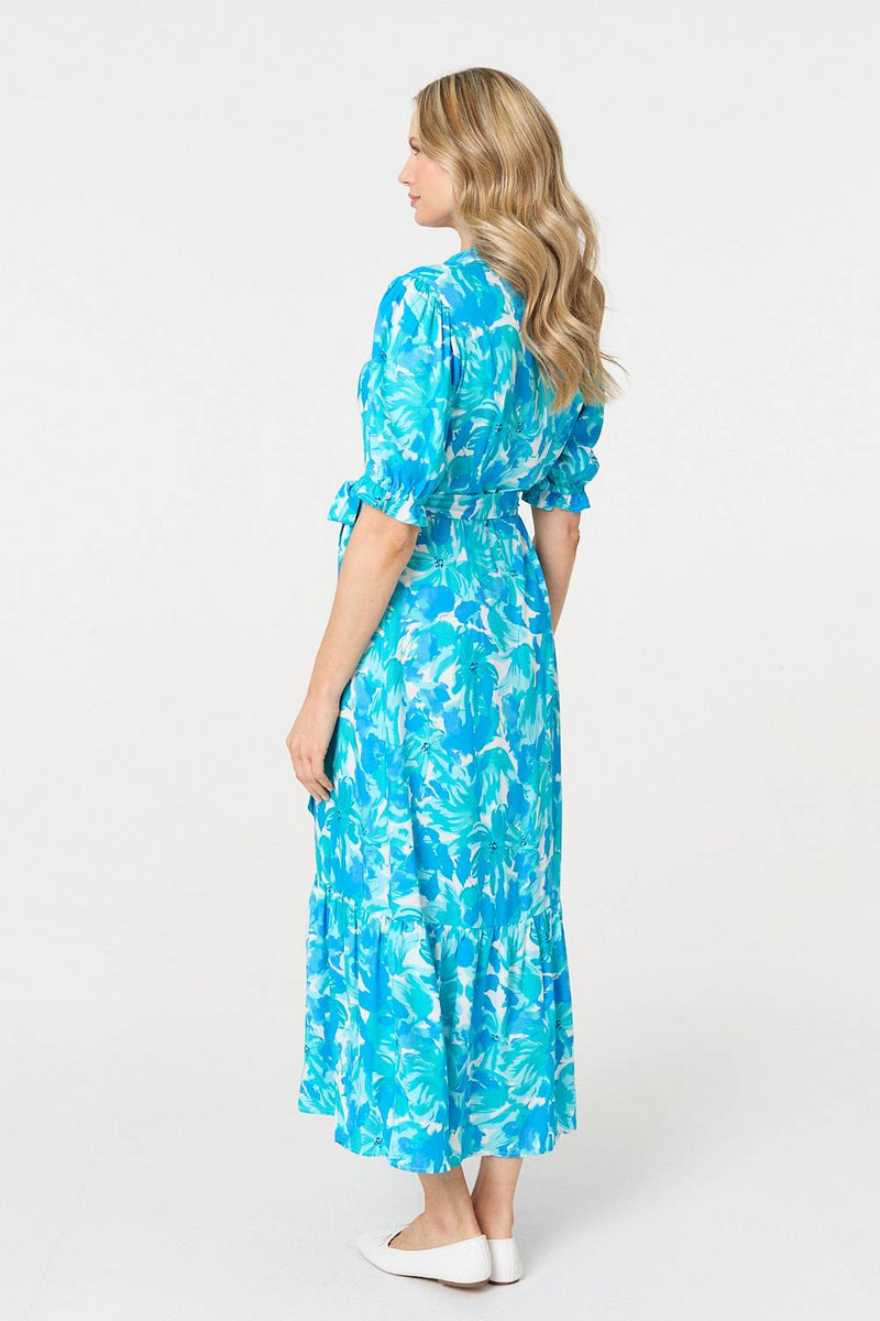 Printed 1/2 Puff Sleeve Tie Waist Maxi Dress