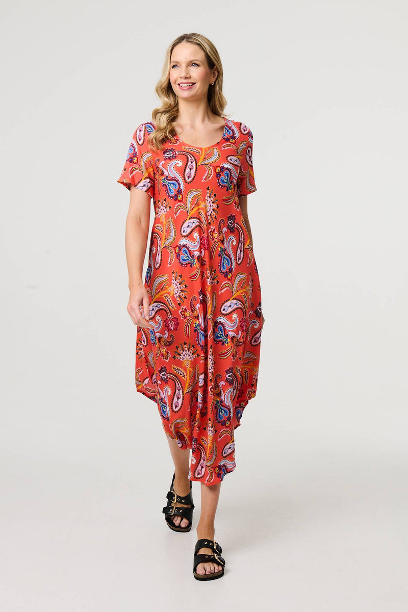 Paisley Relaxed Short Sleeve Midi Dress