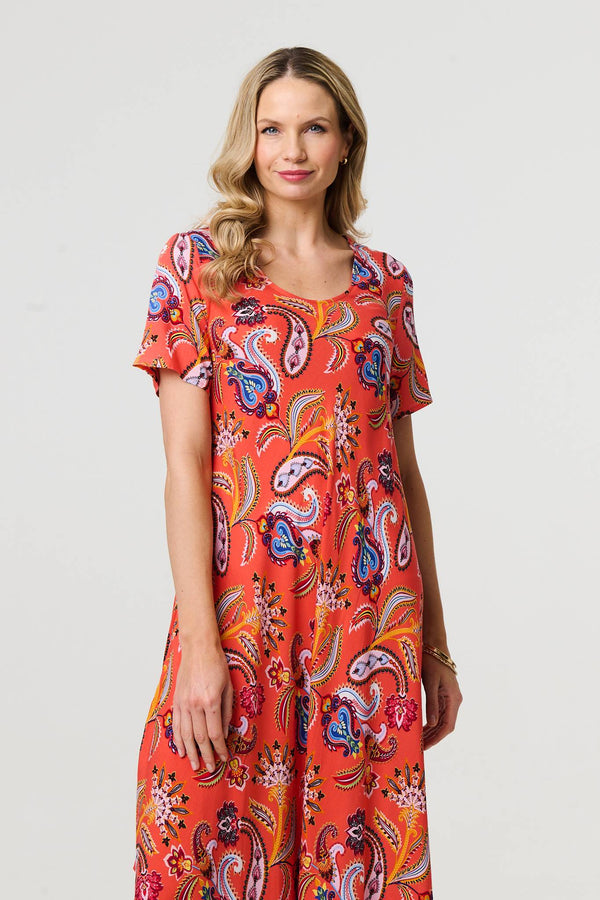 Paisley Relaxed Short Sleeve Midi Dress