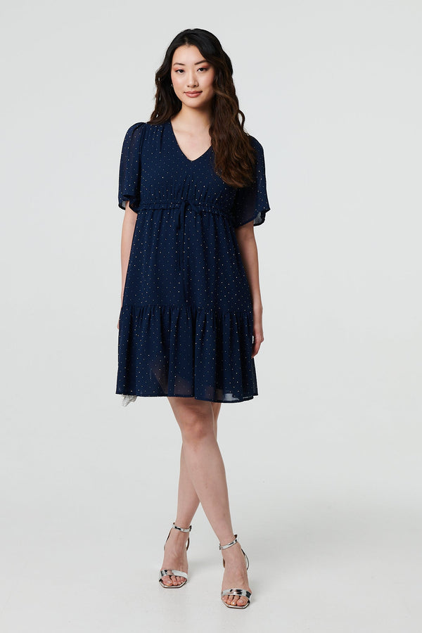 Sparkly Dot Print Semi Sheer Short Dress