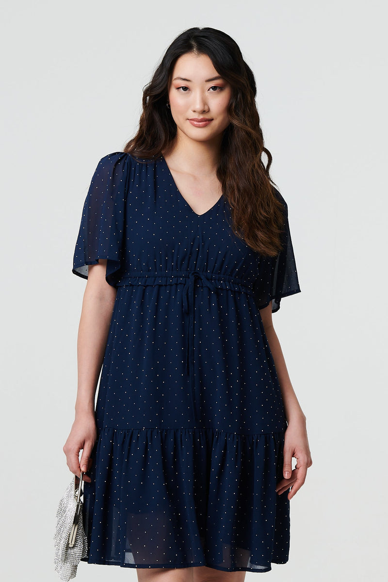 Sparkly Dot Print Semi Sheer Short Dress