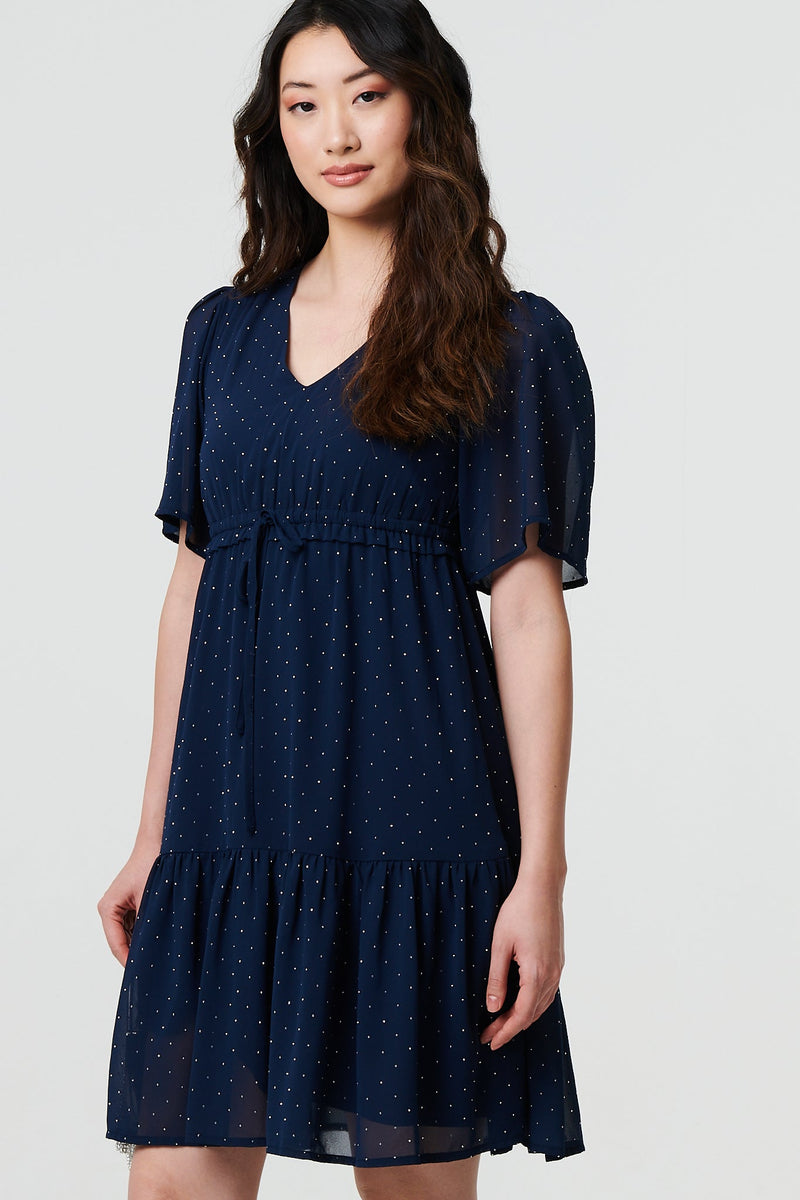 Sparkly Dot Print Semi Sheer Short Dress