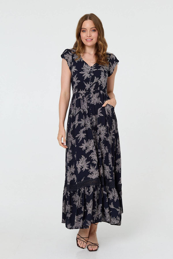 Leaf Print Shirred Lace Trim Maxi Dress