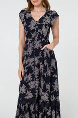 Leaf Print Shirred Lace Trim Maxi Dress