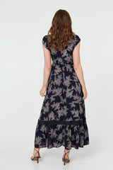 Leaf Print Shirred Lace Trim Maxi Dress