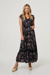 Floral Print Cap Sleeve Lace Maxi Dress