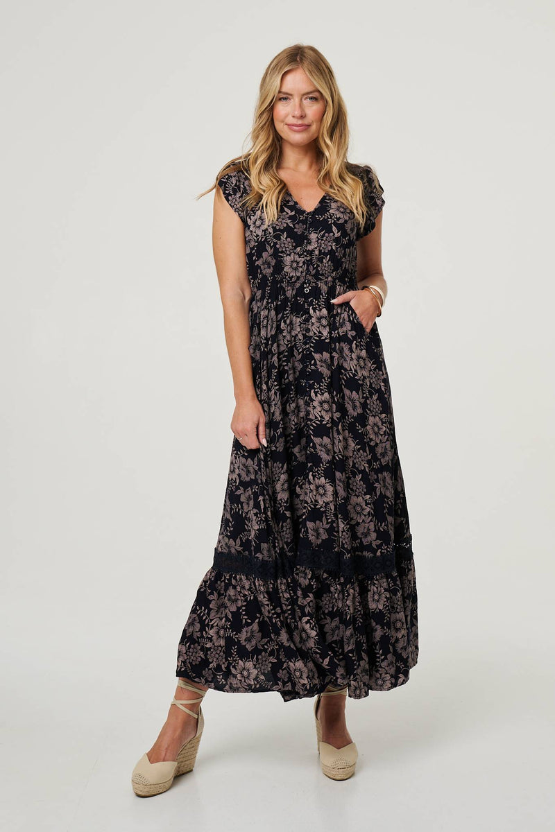 Floral Print Cap Sleeve Lace Maxi Dress