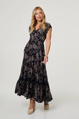 Floral Print Cap Sleeve Lace Maxi Dress