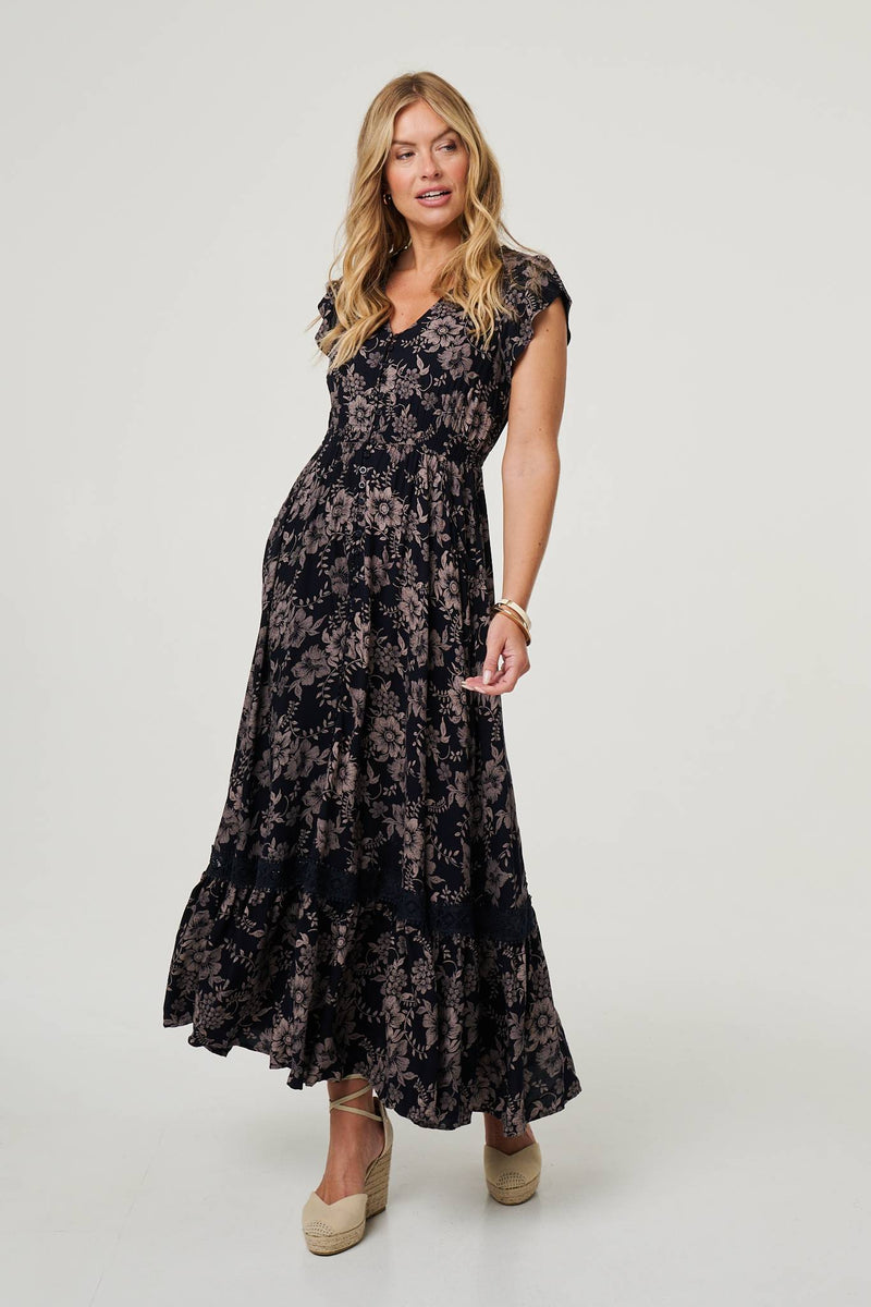 Floral Print Cap Sleeve Lace Maxi Dress
