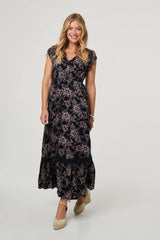 Floral Print Cap Sleeve Lace Maxi Dress