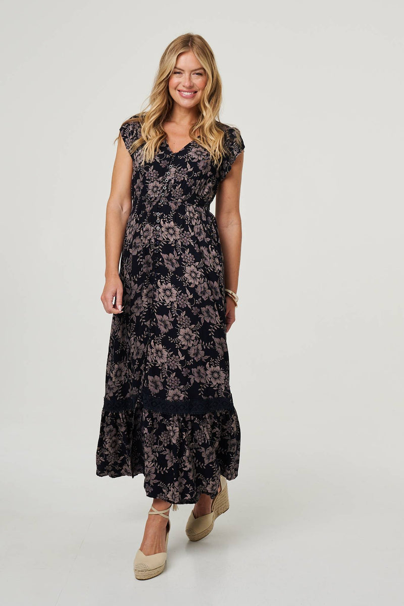 Floral Print Cap Sleeve Lace Maxi Dress