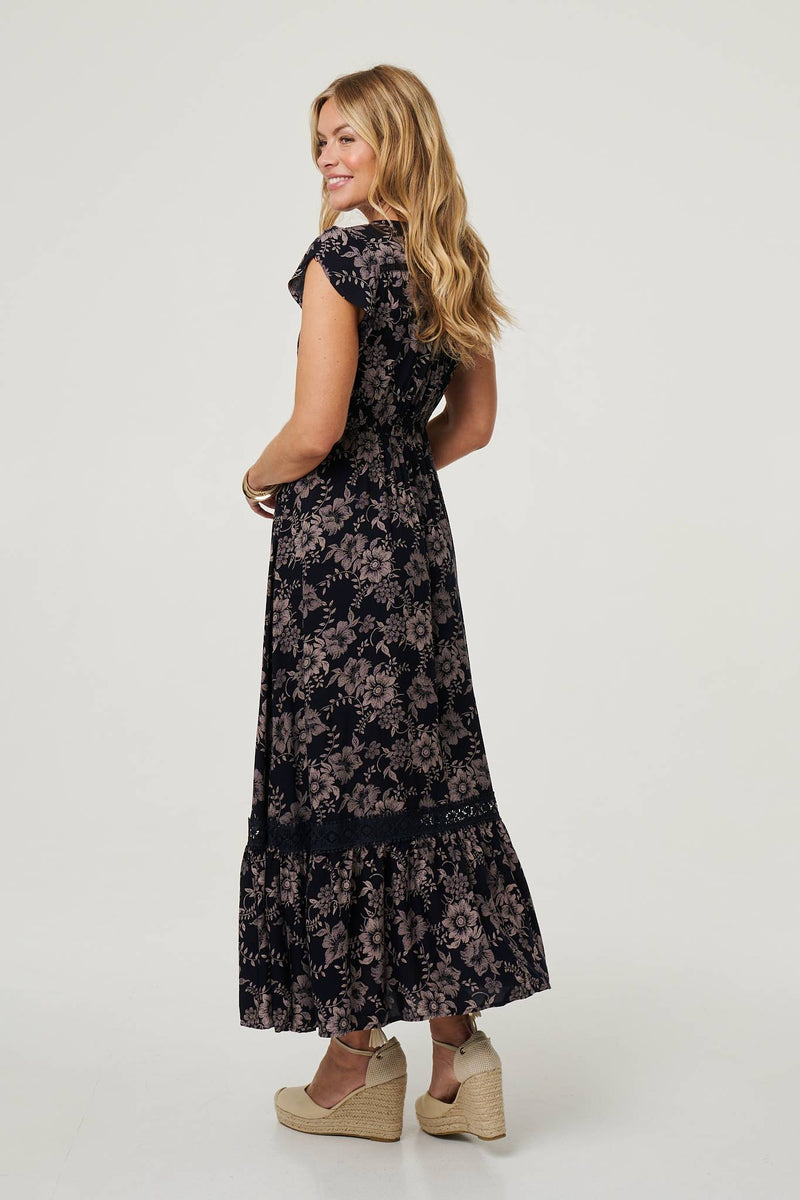 Floral Print Cap Sleeve Lace Maxi Dress