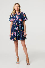 Floral High Neck Puff Sleeve Mini Dress
