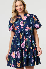 Floral High Neck Puff Sleeve Mini Dress