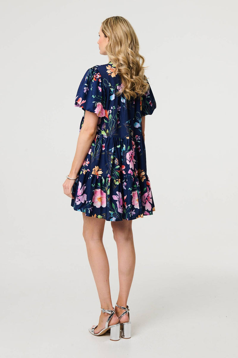 Floral High Neck Puff Sleeve Mini Dress