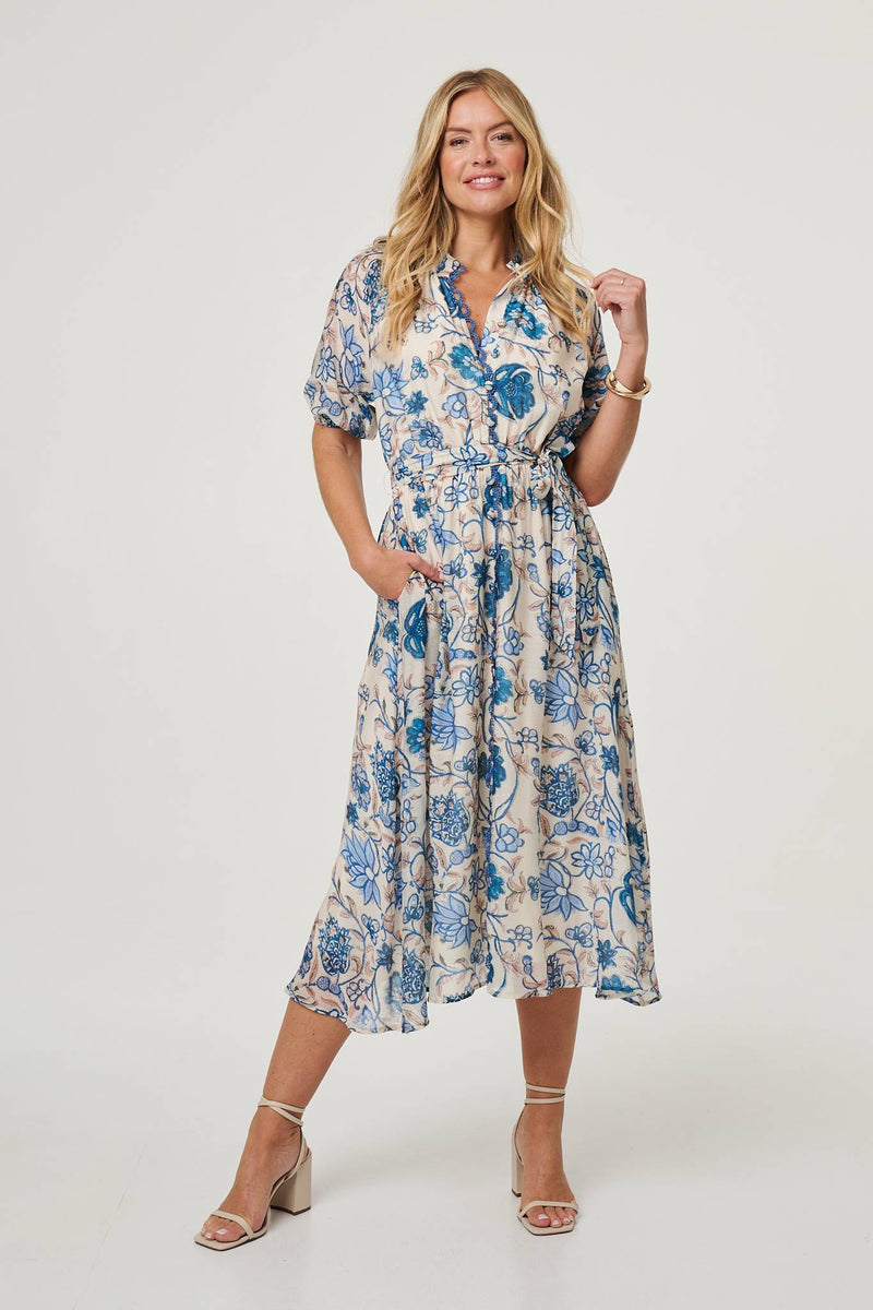 Floral Lace Trim Tie Waist Midi Dress
