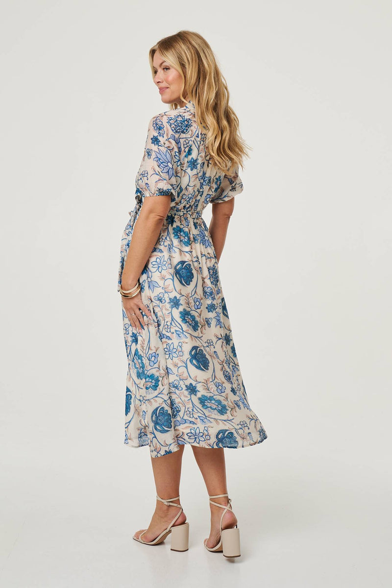 Floral Lace Trim Tie Waist Midi Dress