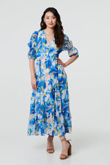 Abstract 3/4 Puff Sleeve Tiered Maxi Dress