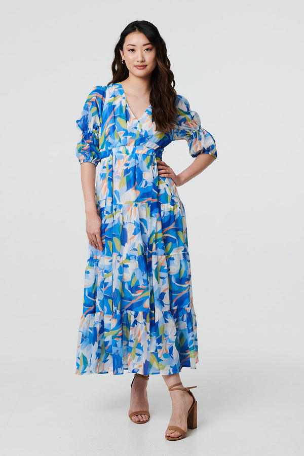 Abstract 3/4 Puff Sleeve Tiered Maxi Dress