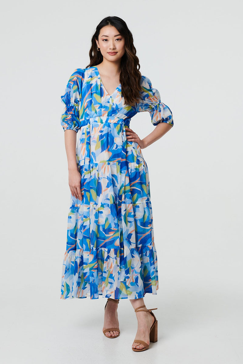 Abstract 3/4 Puff Sleeve Tiered Maxi Dress