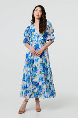Abstract 3/4 Puff Sleeve Tiered Maxi Dress