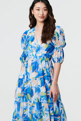 Abstract 3/4 Puff Sleeve Tiered Maxi Dress