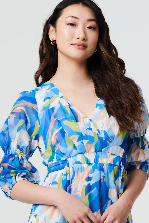 Abstract 3/4 Puff Sleeve Tiered Maxi Dress