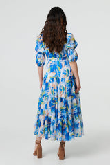 Abstract 3/4 Puff Sleeve Tiered Maxi Dress