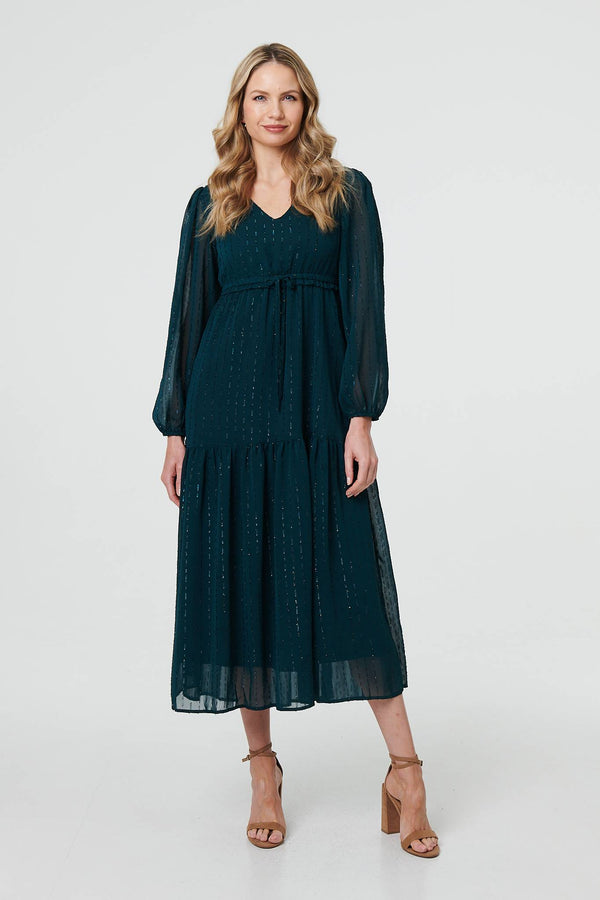 Sparkly Semi Sheer Long Sleeve Midi Dress