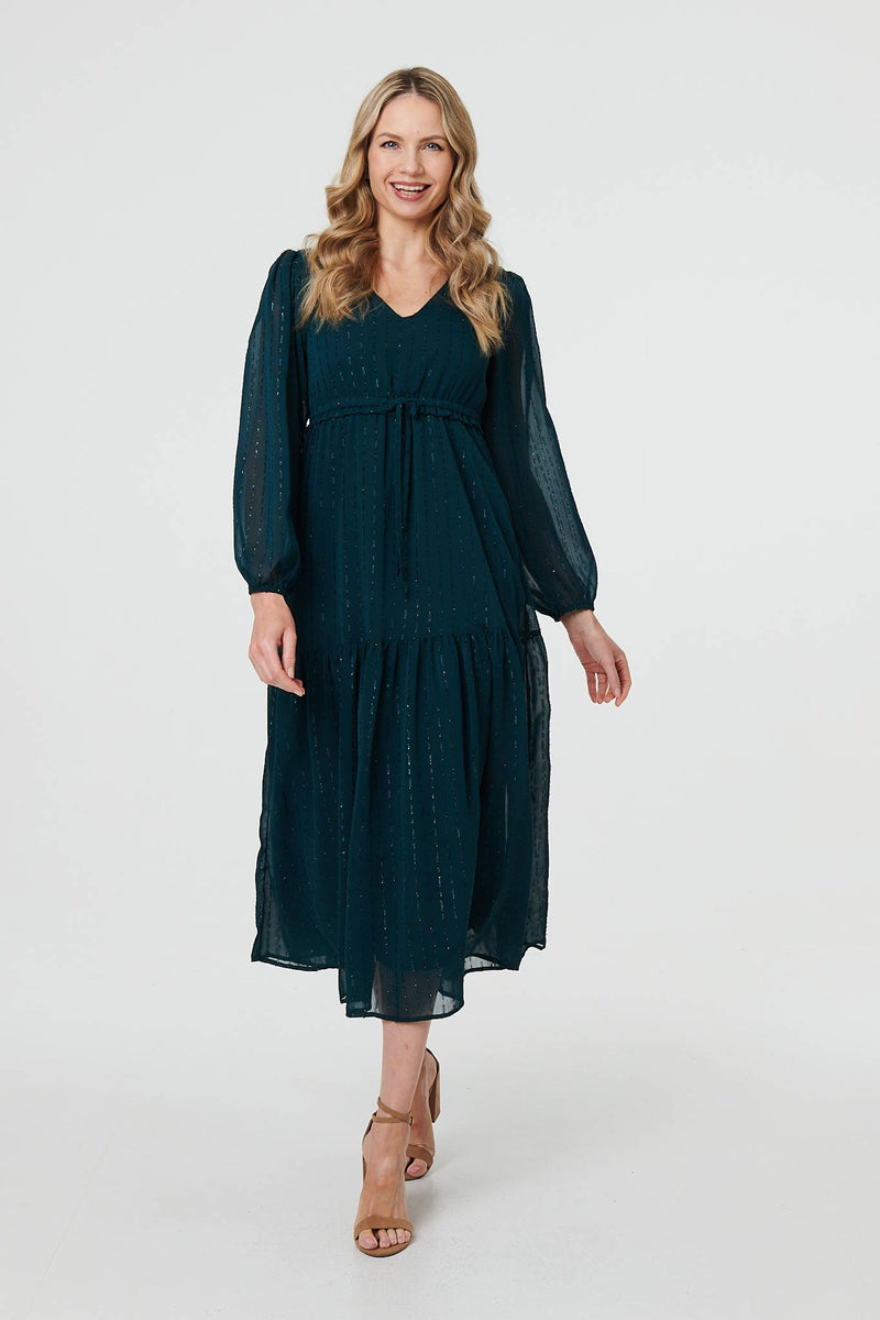 Sparkly Semi Sheer Long Sleeve Midi Dress