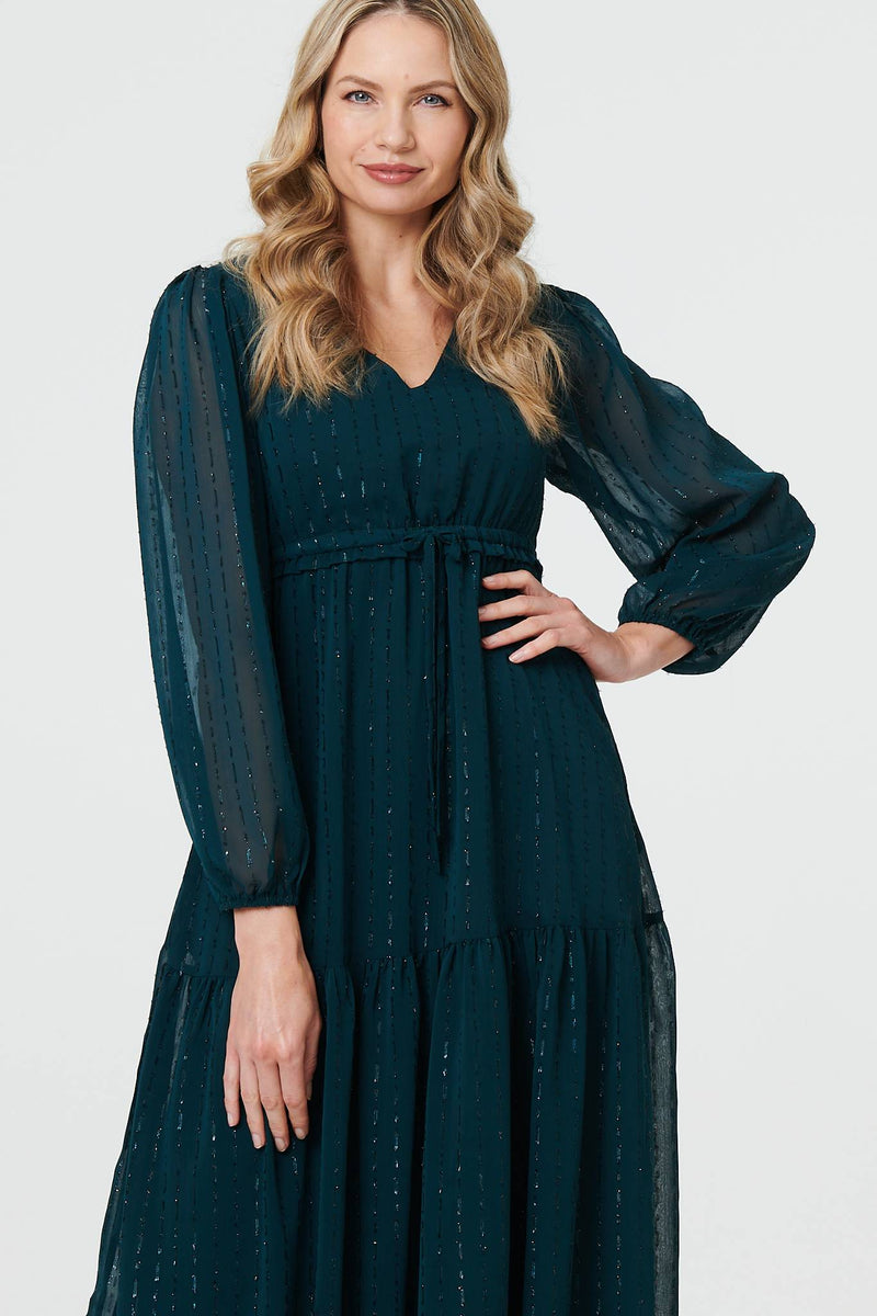 Sparkly Semi Sheer Long Sleeve Midi Dress