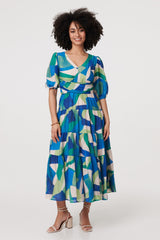 Abstract Ruched 3/4 Sleeve Midi Dress