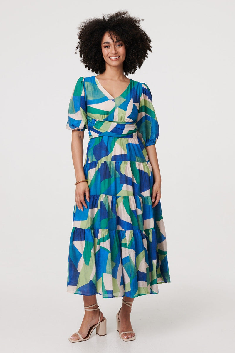 Abstract Ruched 3/4 Sleeve Midi Dress