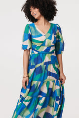 Abstract Ruched 3/4 Sleeve Midi Dress