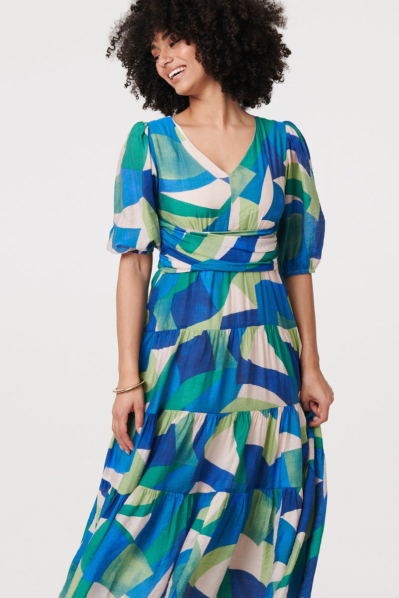 Abstract Ruched 3/4 Sleeve Midi Dress