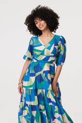 Abstract Ruched 3/4 Sleeve Midi Dress