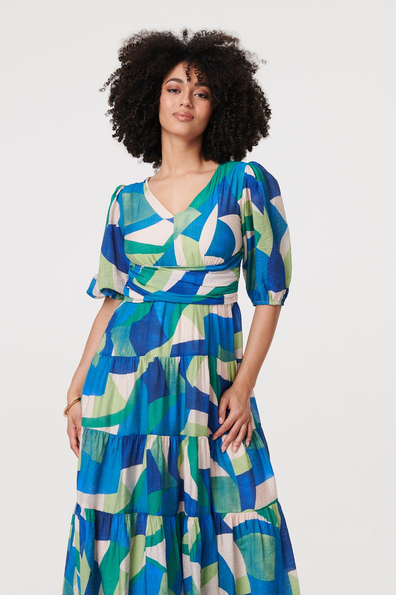 Abstract Ruched 3/4 Sleeve Midi Dress
