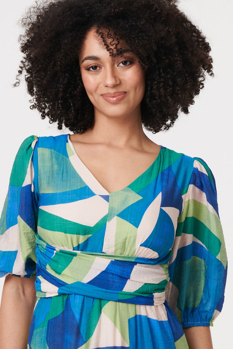 Abstract Ruched 3/4 Sleeve Midi Dress