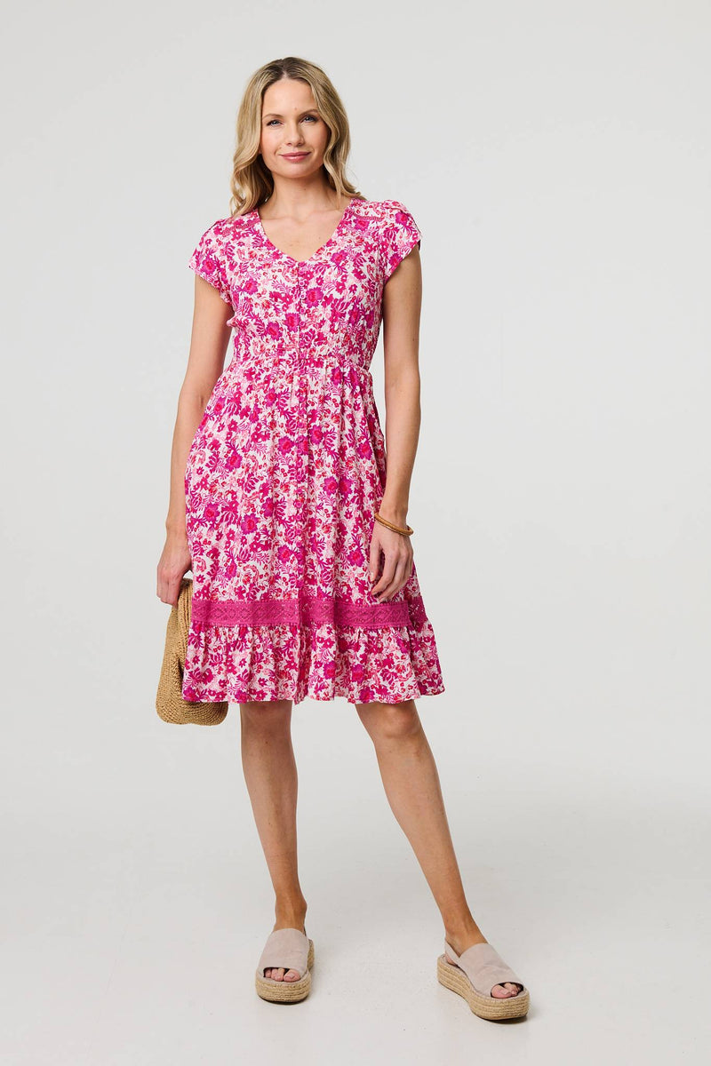 Floral Cap Sleeve Lace Trim Short Dress