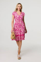 Floral Cap Sleeve Lace Trim Short Dress