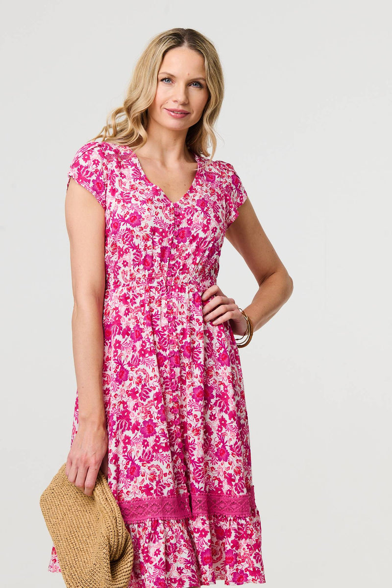 Floral Cap Sleeve Lace Trim Short Dress